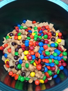 Grandma's Easy Snack Mix Recipe! Simple and quick. Delicious for all ages! Cheerios, Chex Mix, M&Ms, YUMMY!, peanuts, white chips, chocolate chips