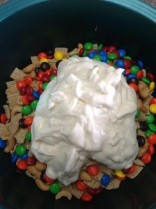 Grandma's Easy Snack Mix Recipe! Simple and quick. Delicious for all ages! Cheerios, Chex Mix, M&Ms, YUMMY!, peanuts, white chips, chocolate chips