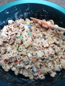 Grandma's Easy Snack Mix Recipe! Simple and quick. Delicious for all ages! Cheerios, Chex Mix, M&Ms, YUMMY!, peanuts, white chips, chocolate chips