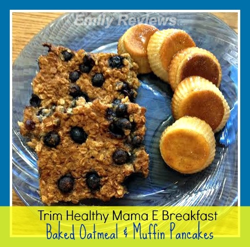 Trim Healthy Mama e style breakfast recipe includes baked blueberry oatmeal squares and pancake muffins THM #THMapproved
