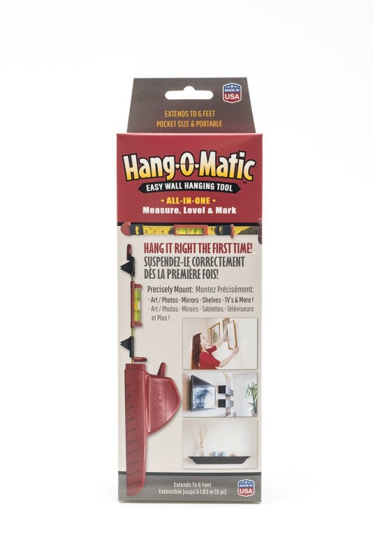 Hangomatic - is the easy wall hanging tool. Hang your pictures, mirrors, shelves, TV's and much more in three easy steps. The Hang-O-Matic has a built in leveler and built in metal pointers which mark the wall and tell you exactly where the one or two nails should go. 
