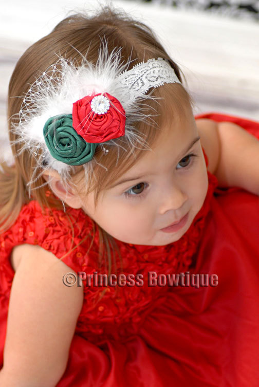 Princess Bowtique Romper Holiday Satin Red and Green Feather Headband Baby Ruffled Romper