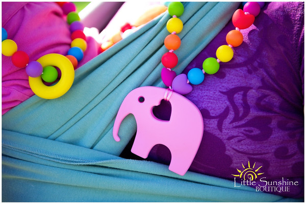 Pink Rainbow Elephant Silicone Baby Carrier Accessory ~ Little Sunshine Boutique ~ Teething Necklaces, Carrier Accessories, & Child Necklace