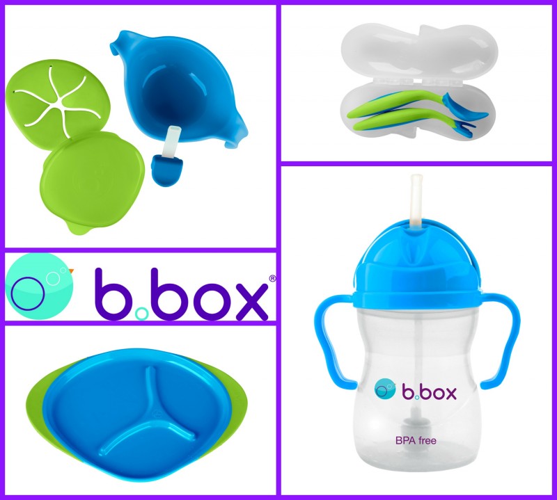 b.box Innovative Baby & Toddler Feeding Essentials: Sippy Cup Grape, Bowl & Straw in passion splash, plate in passion splash, and Toddler Cutlery Set in passion splash.