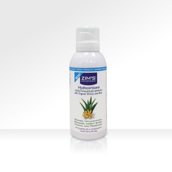 Zim's Naturally Based Innovative Products. Check out the Zim's Hydrocortisone Continuous Spray with Organic Arnica and Aloe to treat rashes, inflamation, redness, insect bites, eczeme, and psoriasis.