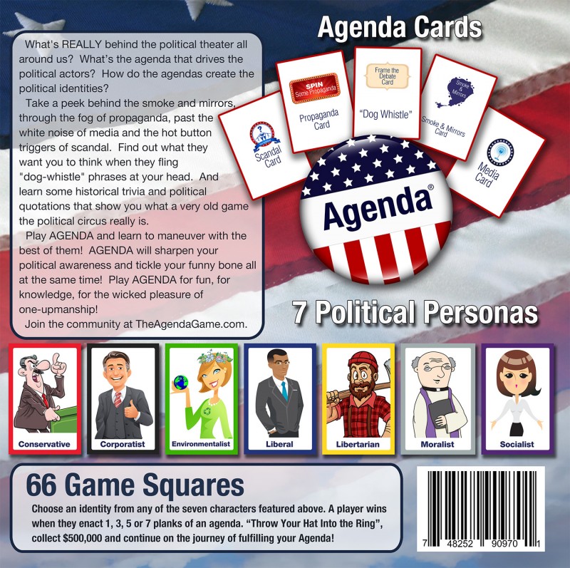 What is The Agenda Game? It is the brainchild of a former teacher and serial entrepreneur. The game is the culmination of a journey to discover a way for politics and the political games people play to not only be better understood, but also be fun and entertaining. Players compete for the driving forces of every politician: money, votes, and their own Agenda. What drives agendas? In the game, it is a mix of propaganda with a heavy dose of smoke and mirrors. The goal? “Edutain” about American politics and spark fun dialog between family and friends. 
