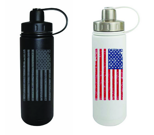 Eco Vessel BOULDER Triple Insulated Stainless Steel Water Bottle with Tea, Fruit, Ice Strainer - 20 oz - Flag Design