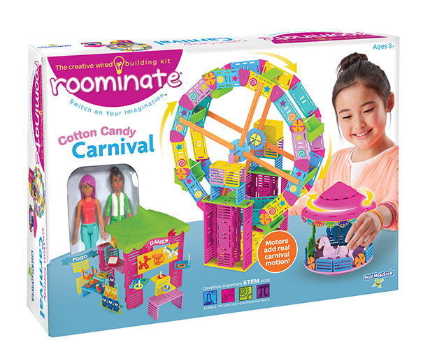 Roominate® Cotton Candy Carnival - Snap the pieces together to start your creations…if you can imagine it, you can make it! Design your carnival, and try other things, too. Arrange the food and game play pieces, along with the stickers, or add your own accessories and artwork! Then, bring your creations to life with the circuits and motors! 