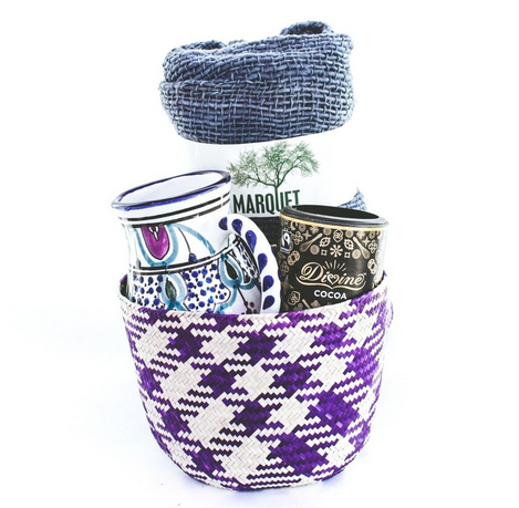 GlboeIn ~ The Cozy Basket Box ~ Greet crisp autumn mornings with a hot drink of choice in your colorful hand-painted mug from Tunisia. Feel snuggled all day long by wrapping up in your 100% cotton scarf from the mountains of Thailand. Sweeten up a chilly afternoon by mixing your Ghanaian cocoa powder with hot water or steamed milk—and a friend!