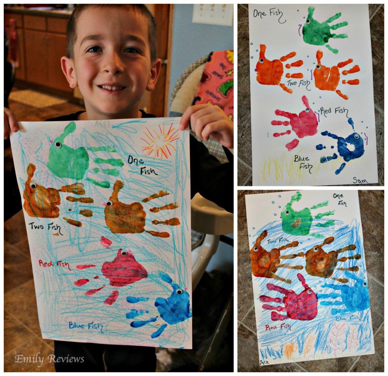 Celebrating Dr. Seuss ~ Fun Facts, Activities, & Crafts {Emily Reviews} - One Fish Two Fish Red Fish Blue Fish Counting Activity, Fish Handprint Craft, Green Eggs & Ham Treat, The Cat In The Hat Fruit Kabobs, and Oobleck Slime!