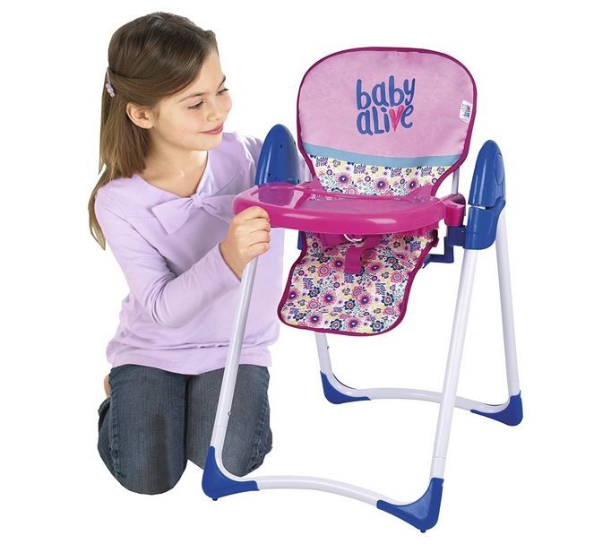 Baby Alive ~ Stroller & High Chair For The Littles Mommies - Baby alive doll deluxe highchair - feeding time! kids are sure to love feeding their favorite dolls with this adorable high chair. Looks just like a real high chair with its adjustable seat and fun feeding tray. Let their nurturing instincts take over and watch their imaginations soar! can be used with other baby dolls. Over 18" tall. Baby alive will love to be out and about in the baby alive doll stroller. The stroller is easy fold and has an adjustable seat belt to keep your doll safe and secure, also comes with a canopy and storage basket. The stroller is over 22" tall and holds any of your baby dolls. {Emily Reviews}