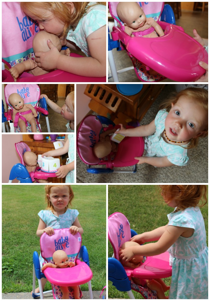 Baby Alive ~ Stroller & High Chair For The Littles Mommies - Baby alive doll deluxe highchair - feeding time! kids are sure to love feeding their favorite dolls with this adorable high chair. Looks just like a real high chair with its adjustable seat and fun feeding tray. Let their nurturing instincts take over and watch their imaginations soar! can be used with other baby dolls. Over 18" tall. Baby alive will love to be out and about in the baby alive doll stroller. The stroller is easy fold and has an adjustable seat belt to keep your doll safe and secure, also comes with a canopy and storage basket. The stroller is over 22" tall and holds any of your baby dolls. {Emily Reviews}
