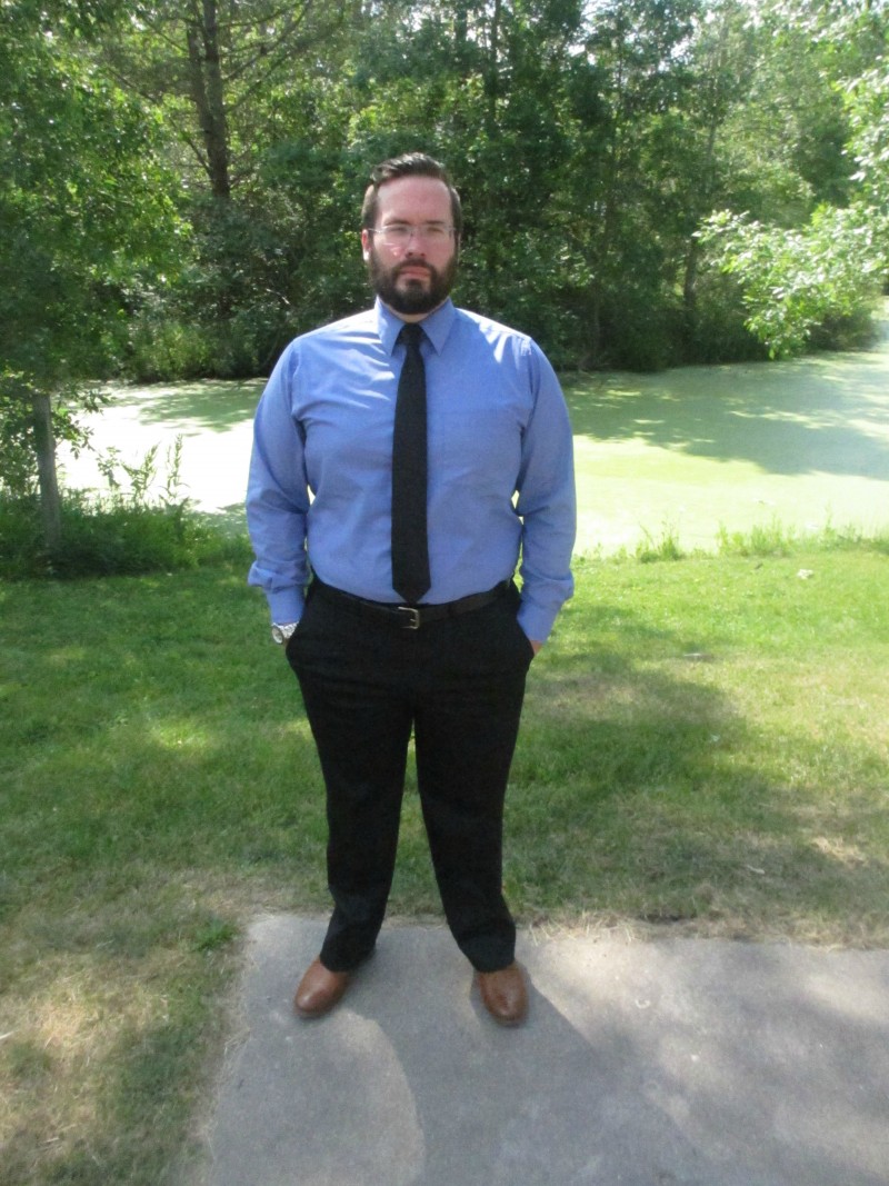 blue dress shirt black pants