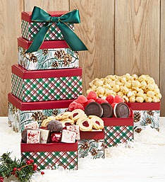 Pinecones and plaid sweets gift tower