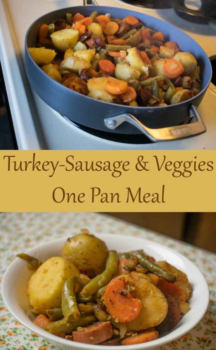 Turkey-sausage and veggies one pan meal for dinner.