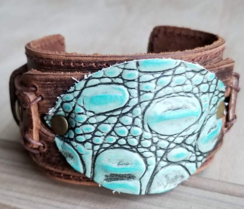 Genuine Leather Cuff with Leather Oval-Turquoise Gator on Brown