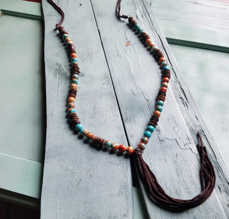 The Jewelry Junkie Multi-Colored Turquoise Necklace with Wood Beads and Leather Tassel 236B