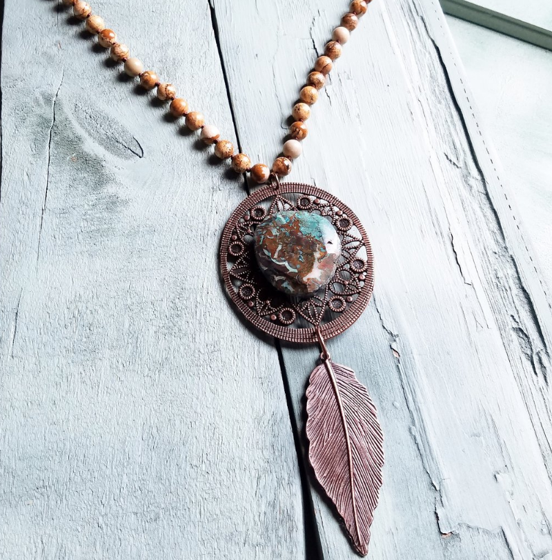 The Jewelry Junkie Picture Jasper Necklace with Ocean Agate Chunk on Copper Medallion 228v*