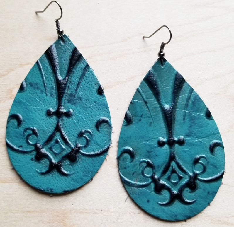 The Jewelry Junkie Leather Teardrop Earrings in Turquoise and Black Embossed 218t