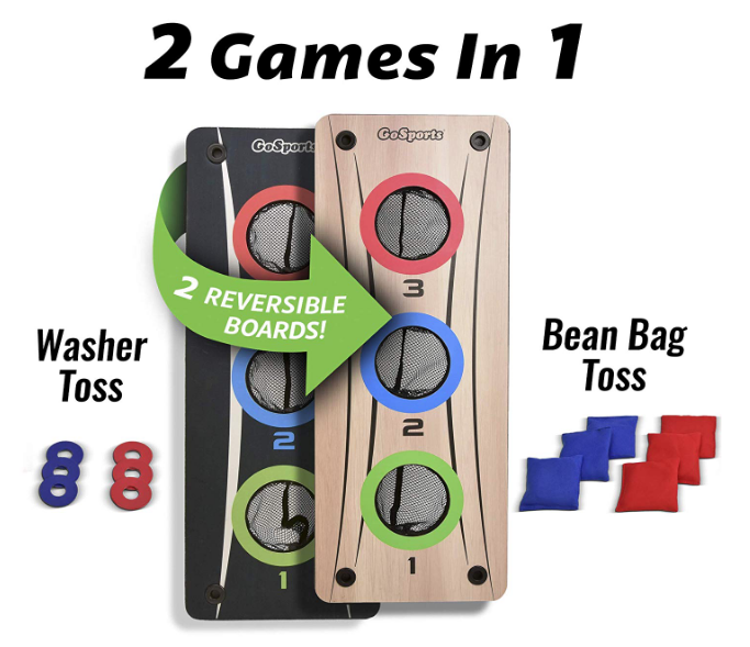 GoSports 2-in-1 Bean Bag Toss & Washer Toss Combo Outdoor Game - Fun for Kids & Adults - Includes 2 Double Sided Game Boards, 6 Washers, 6 Bean Bags, Carry Case