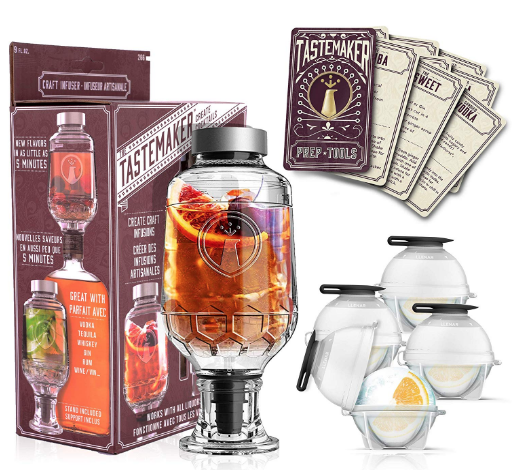 Tastemaker - Complete Cocktail Shaker Infuser Set, Active Infusion, Be an Infused Alcohol Cocktail Mixologist using the 10 Homemade Flavored Recipes + 4 Round Ice Ball Molds, Best Home Bar Kit, a Party Must Have!