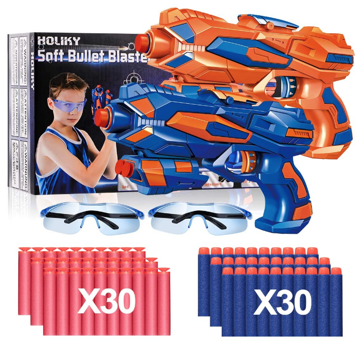 Holiky 2 Pack Blaster Toy Guns for Boys for Nerf Guns Bullets ,Foam Bullet Toy Gun with 60 PCS Refill Darts and 2 Protective Glasses for Kids, Hand Gun Toys for 3-8 Year Old Boys Girls