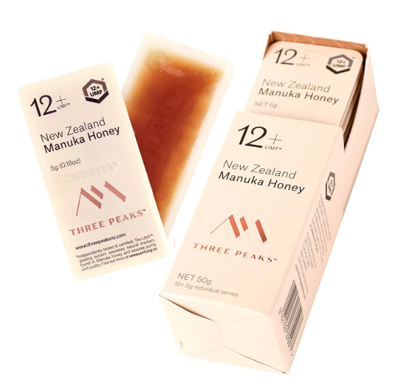 Three Peaks Manuka Honey New Zealand - Certified UMF 12+ / MGO 356+ / 0.176 oz (5gm) Single Serve 10 Pack - 100% Natural honey,
