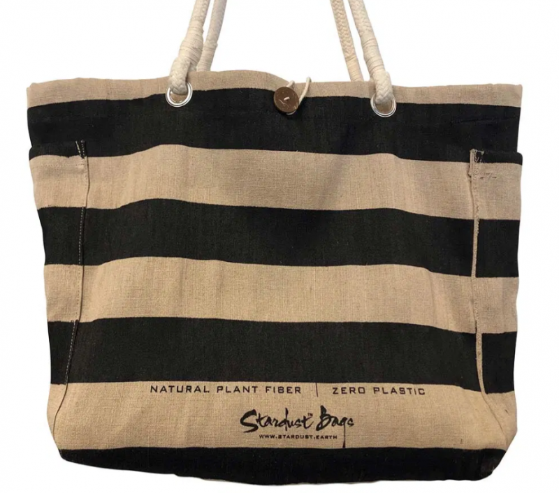 Black Stripes Natural Jute Beach Bag