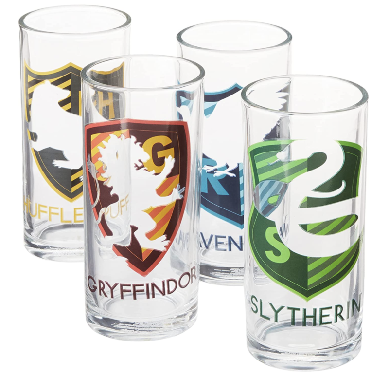 Silver Buffalo Warner Bros Harry Potter Hogwarts House's Crests Silo Stripes 4pc Tumbler Glass Set, 10 Oz, multicolor 