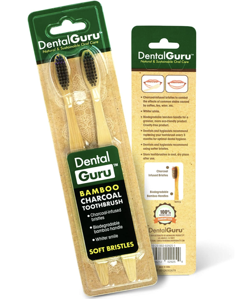 Dental Guru 100% Organic Charcoal Bamboo Toothbrush - Soft Charcoal Infused Bristles & Biodegradable Handle for Natural Teeth Care