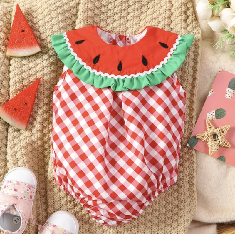 PatPat Baby Girl Watermelon Plaid Sleeveless Ruffle Romper