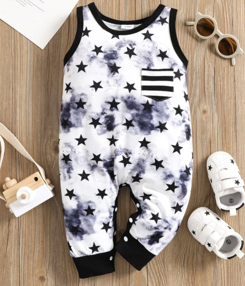 PatPat 100% Cotton Baby Boy/Girl Allover Stars Print Sleeveless Jumpsuit