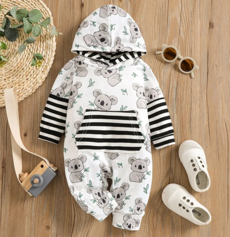 100% Cotton Baby Boy/Girl Allover Koala Print Striped Faux-two Long-sleeve Jumpsuit