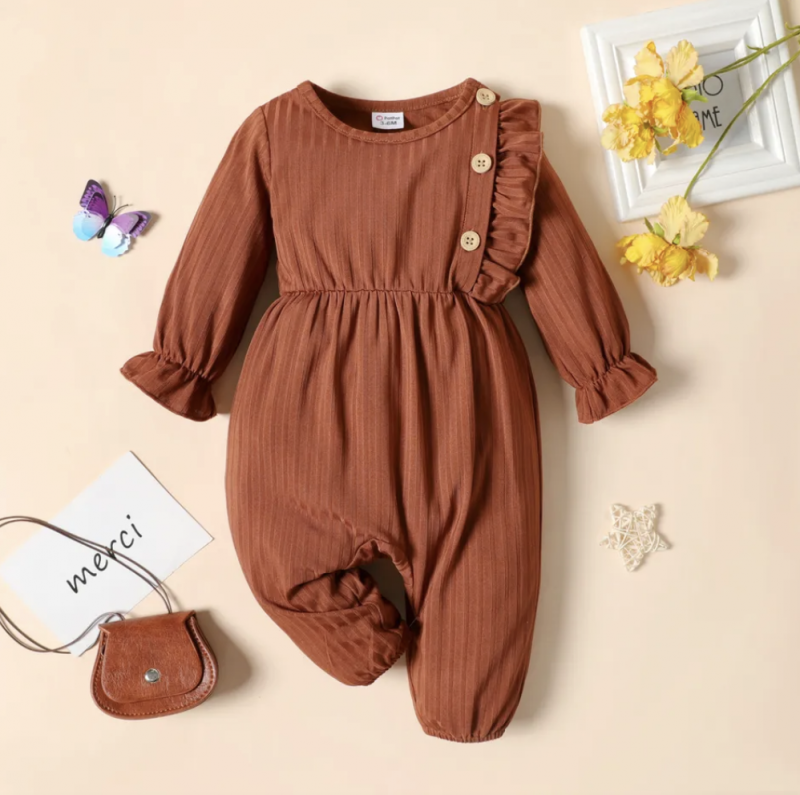 Baby Girl Brown/White Butterfly Print Long-sleeve Ruffle Jumpsuit