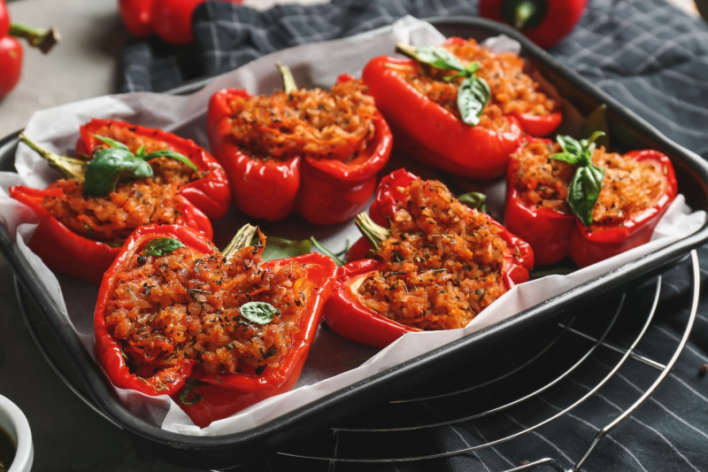 Stuffed bell peppers on a tray