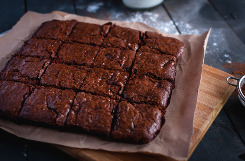 A freshly baked pan of brownies