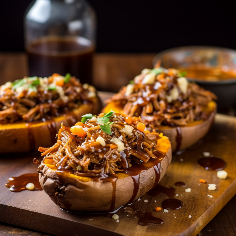 Pulled Pork Stuffed Sweet Potatoes with Maple-Bourbon Glaze