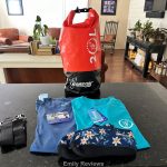 Water gear, rashguard tops, dry bag, neoprene socks, fishing, paddleboard