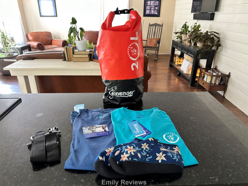 Water gear, rashguard tops, dry bag, neoprene socks, fishing, paddleboard