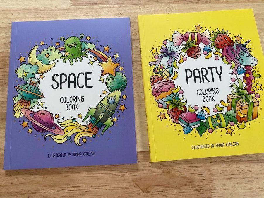 Kids party and space coloring books