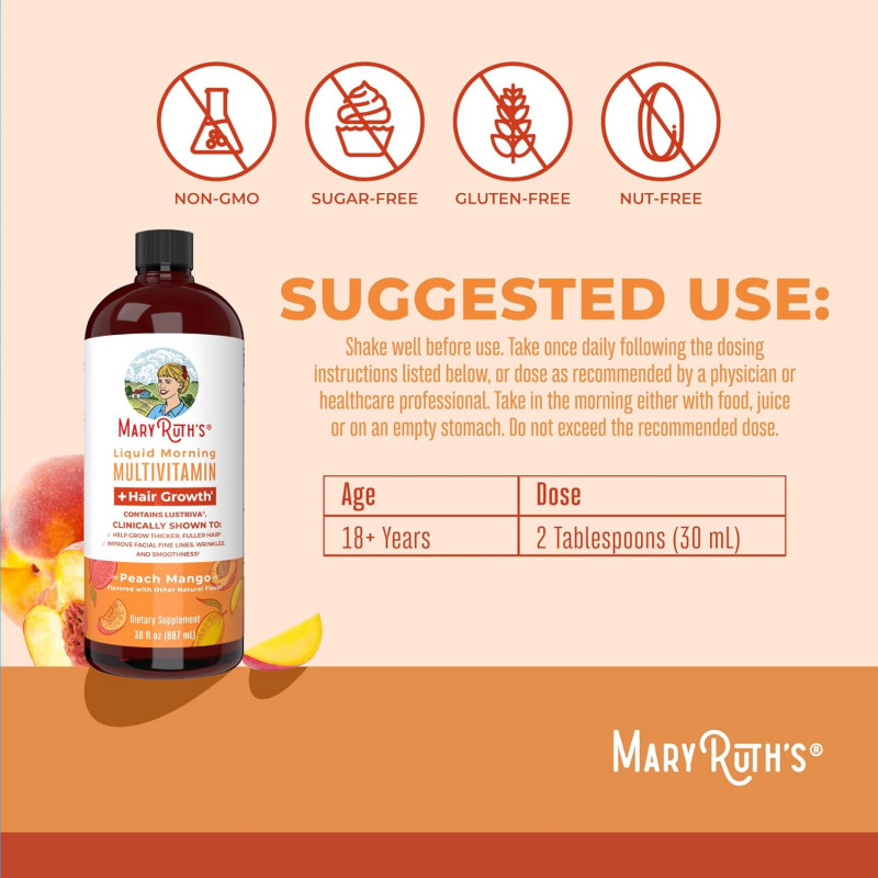 MaryRuth's Organics, Liquid Multivitamin, Lustriva Hair Growth, Biotin, Vitamin B & D | Thicker Hair, Wrinkles, Fine Lines, Skin Care