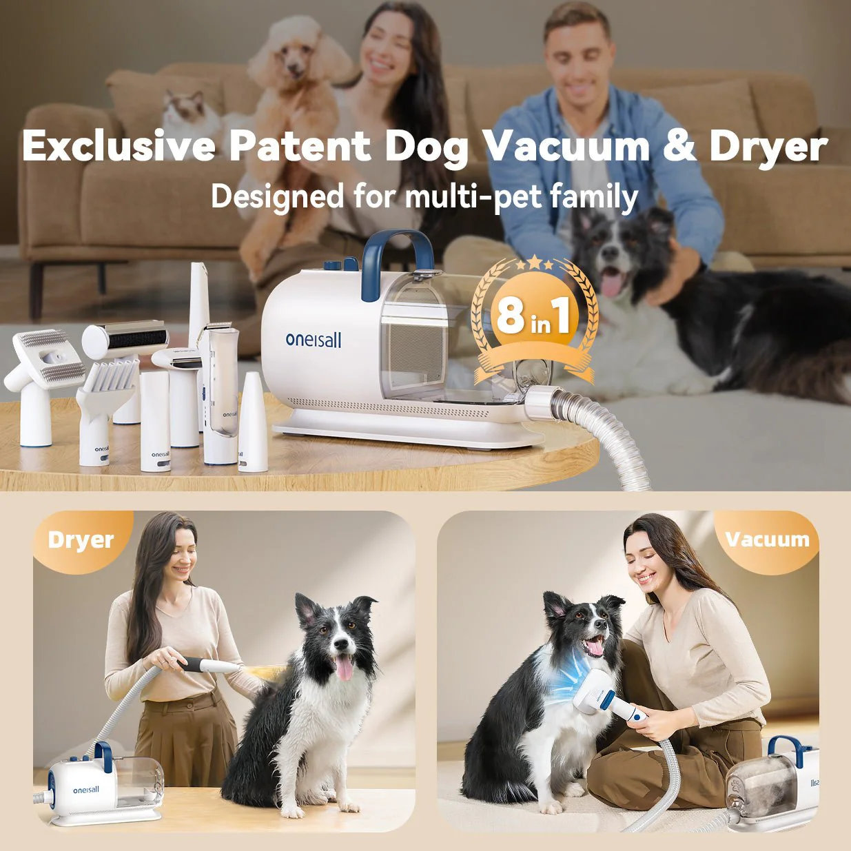 Oneisall Cozy C1 8-in-1 Pet Grooming Vacuum & Dryer Kit.
