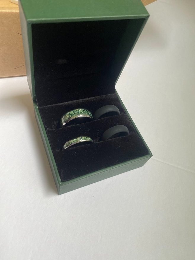 GoodRings wedding band set moss agate