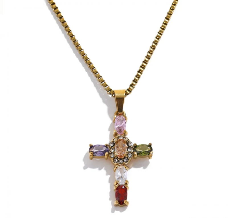 Ezra Gems Dainty Gemstone Cross Necklace.