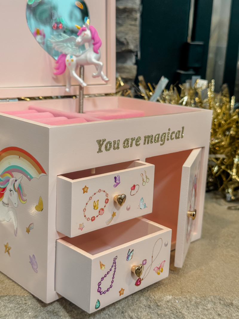 Wooden Musical Jewelry Box with Unicorn for Girls.