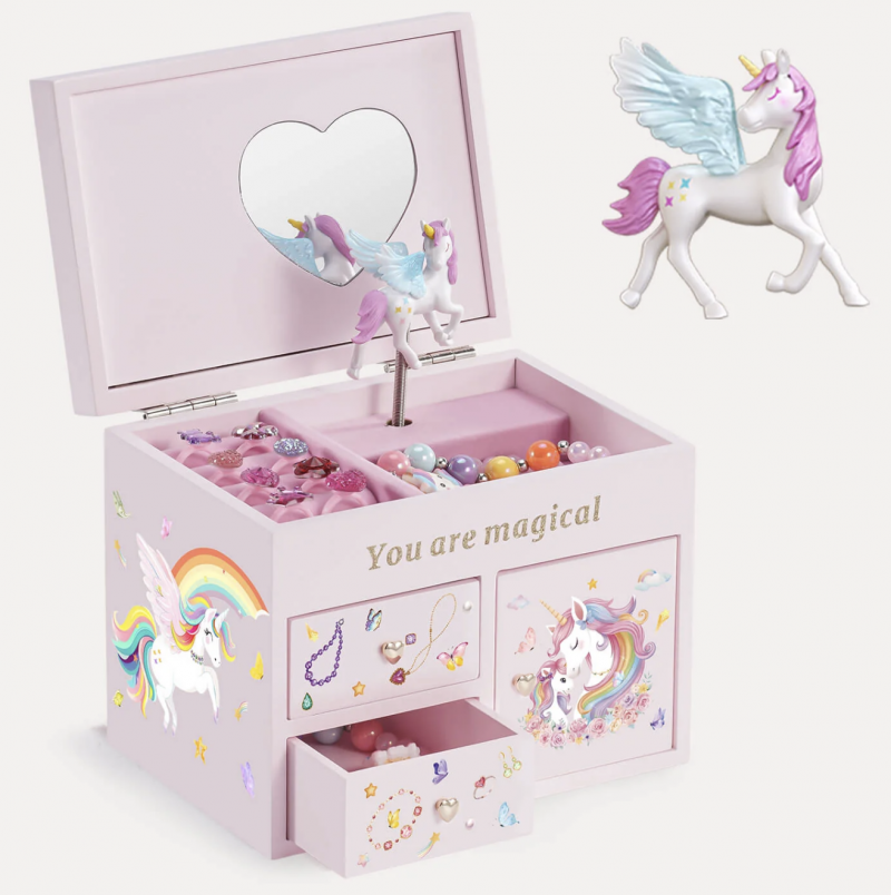 Wooden Musical Jewelry Box with Unicorn for Girls.