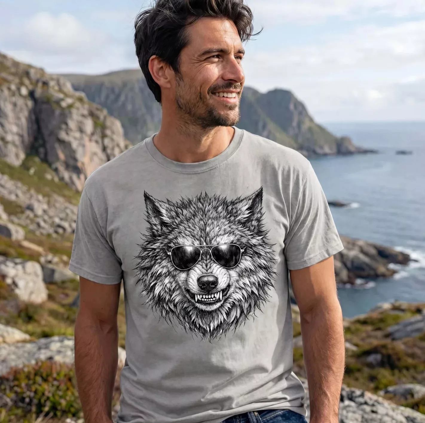 Viking Creatures Co. Fenrir Wolf with Sunglasses - Norse Mythology Creature T-shirt.