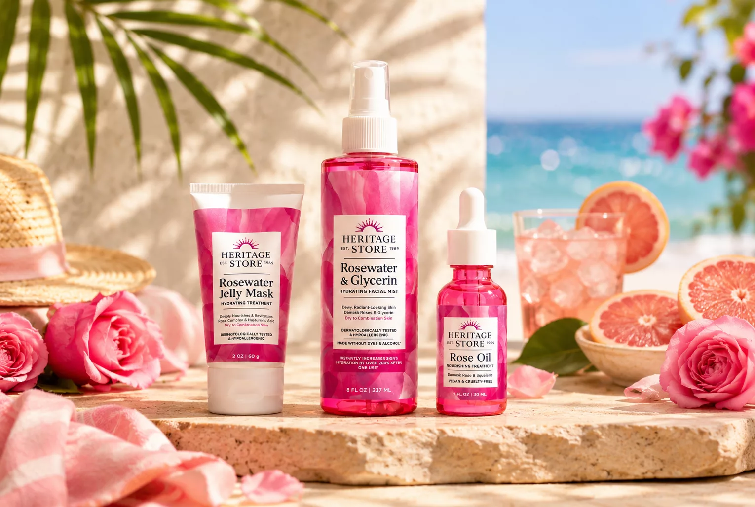 Heritage Store Rosewater & Glycerin Skincare Products.