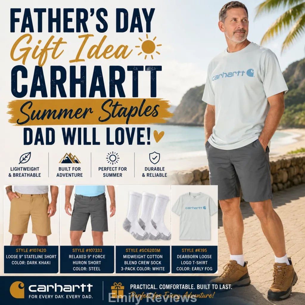Carhartt Father's Day Gift Guide: Summer Essentials Dad Will Wear On Repeat Carhartt Father's Day gifts, Carhartt summer clothing for men, best Father's Day gifts for dad, Carhartt shorts review, Carhartt Stateline Short review, Carhartt Force Huron Short review, Carhartt Dearborn Logo T-Shirt review, men's summer wardrobe essentials, comfortable summer clothes for men, breathable men's shorts, casual travel clothes for men, best clothes for Hawaii vacation, Father's Day gift ideas, Carhartt casual clothing, gifts for husbands, men's vacation outfits, summer style for dads, buy Carhartt online, Carhartt Amazon deals, men's travel clothing essentials
