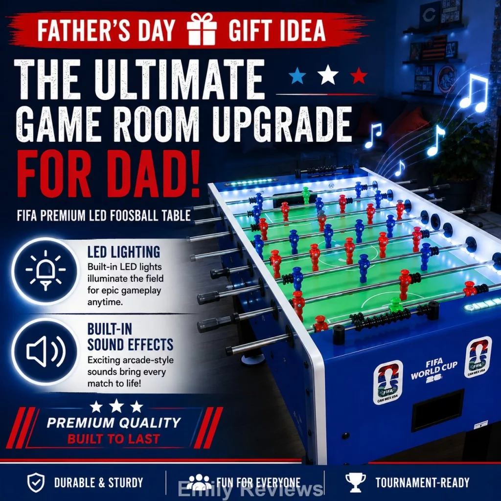 FIFA Premium LED Foosball Table review, Primetime Sports Group review, Sam’s Club foosball table, LED foosball table review, best foosball table for families, game room ideas for families, arcade style foosball table, Father’s Day game room gift ideas, family game night ideas, competition-size foosball table, electronic scoring foosball table, FIFA foosball table Sam’s Club, best indoor games for families, sports game room ideas, fun Father’s Day gifts for dads